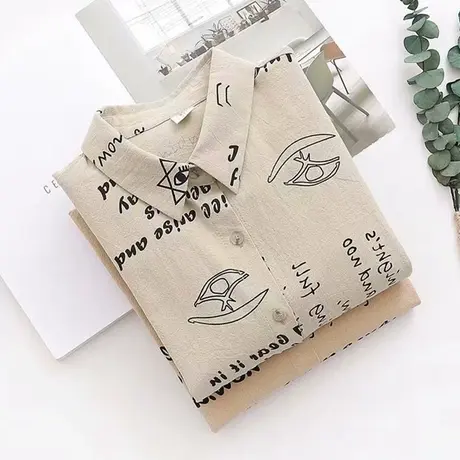 韩版秋季新款百搭全棉涂鸦印花百搭学院风宽松衬衫女长袖打底上衣商品大图