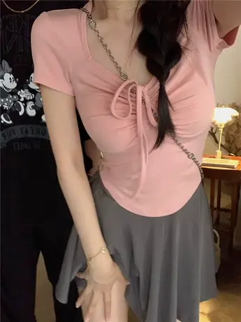 纯欲辣妹正肩短袖T恤女夏季高腰修身紧身体恤短款不规则绑带上衣图片