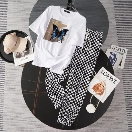 网红盐系运动服套装女夏季薄款宽松短袖长裤小个子时尚休闲两件套图片