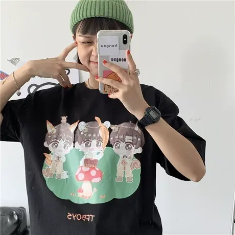 2023年cec超火ins潮卡通通趣宽松百搭学院BF风纯棉圆领短袖T恤女图片