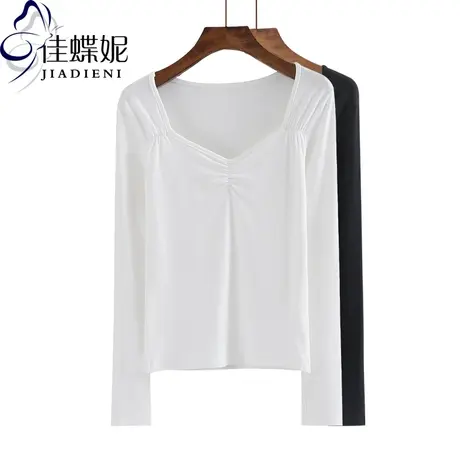 春秋季韩版新款V领长袖T恤纯棉弹力上衣开叉简约纯色打底衫商品大图