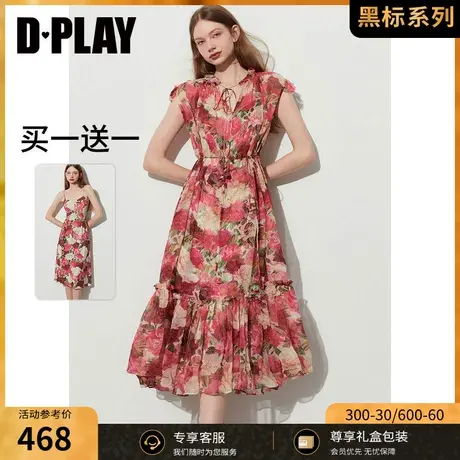 DPLAY黑标2023夏新法式慵懒度假风杜乐丽玫瑰园V领系带印花连衣裙图片