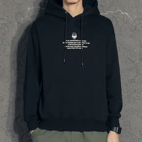 奕飏卡通刺绣简约休闲百搭卫衣男连帽韩版潮流新款春装黑色上衣男商品大图