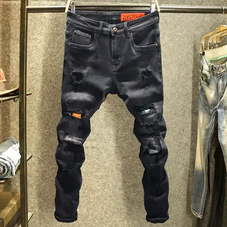 秋季潮流乞丐裤子ins潮牌破洞补丁牛仔裤男款黑色百搭修身小脚裤商品大图