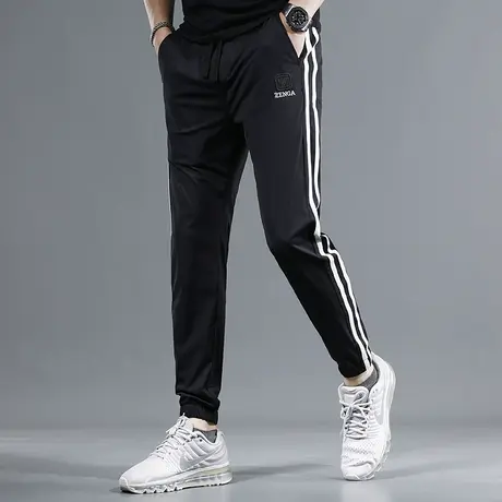 夏季薄款冰丝休闲裤男2023新款黑色潮牌修身束脚弹力百搭时尚裤子商品大图