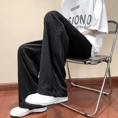 棋盘格冰丝裤子男士夏季薄款休闲长裤男款垂感大码直筒宽松阔腿裤商品大图