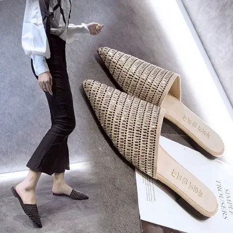 包头穆勒鞋2023夏季时尚拖鞋女低跟平底外穿百搭半凉鞋水钻亮片鞋图片