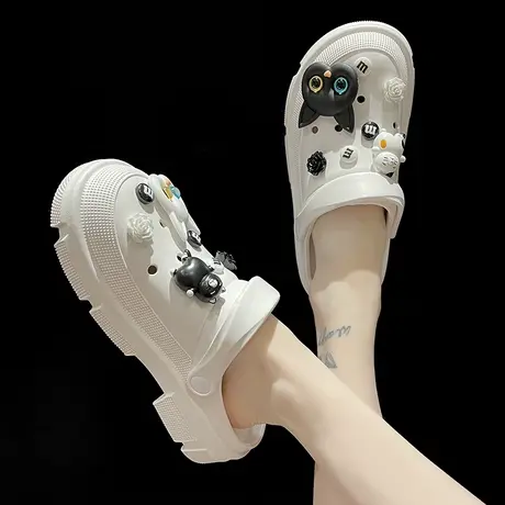 网红洞洞鞋女夏季外穿松糕厚底可爱黑白猫咪包头拖鞋卡通防滑凉鞋商品大图