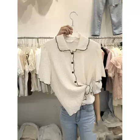 胖mm大码法式娃娃领短袖衬衫女装夏季宽松设计感别致上衣潮200斤商品大图