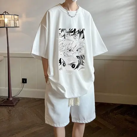 日漫鬼灭之刃短袖t恤男潮牌胖子大码五分半袖夏季短袖套装上衣服商品大图