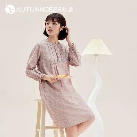 秋鹿撞色格子花边长袖睡裙女秋季梭织纯棉连衣裙居家圆领中裙秋款图片