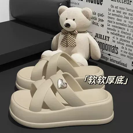时尚外穿拖鞋女松糕厚底夏季小个子增高网红沙滩凉鞋桃心一字凉拖商品大图