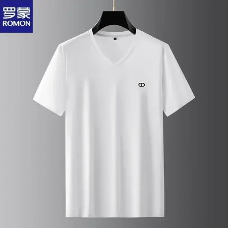 罗蒙V领加肥加大码短袖T恤男款夏季潮牌运动休闲半袖上衣肥佬体恤商品大图