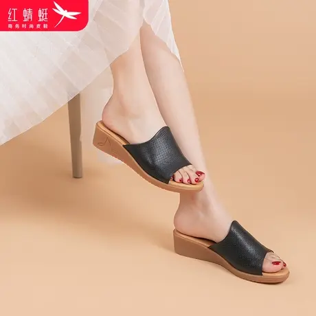 红蜻蜓女拖鞋外穿镂空拖鞋透气真皮软底坡跟厚底中年妈妈凉鞋子商品大图