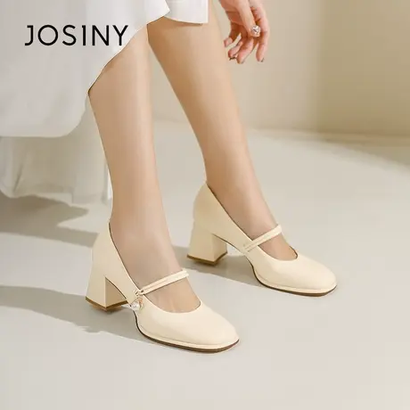 Josiny/卓诗尼珍珠粗跟玛丽珍鞋女夏季2023新款浅口时尚方跟单鞋商品大图