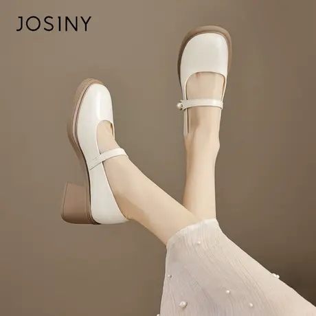 Josiny/卓诗尼玛丽珍高跟鞋女2024年新款春秋季粗跟皮鞋白色单鞋商品大图