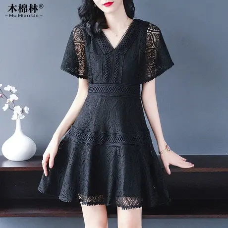 胖mm遮肚连衣裙2024年夏装新款大码女装中长款收腰显瘦蕾丝连衣裙图片