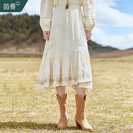 茵曼法式绣花半身裙女2023年新款秋装松紧高腰显瘦a字伞裙中长裙图片
