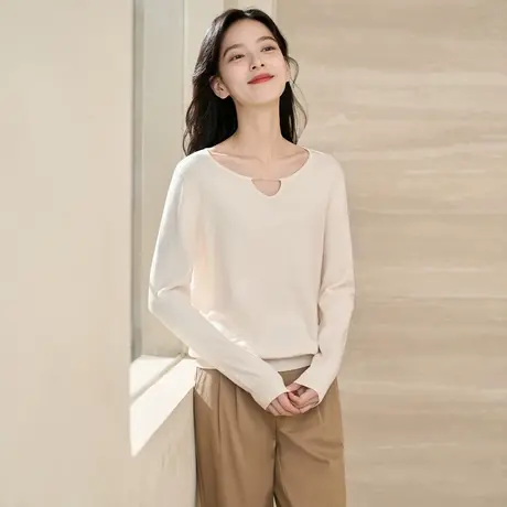 【商场同款】茵曼2023春女装新款时尚通勤镂空纯棉圆领长袖毛衣图片