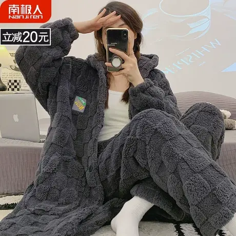 睡衣女款冬季珊瑚绒新款加绒加厚秋冬款法兰绒浴袍简洁家居服睡袍商品大图