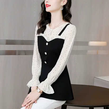 打底衫大码女装2023秋季新款胖MM假两件显瘦时尚减龄长袖雪纺上衣图片