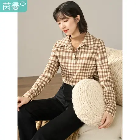 【商场同款】茵曼2023冬女装新款复古格纹翻领假两件长袖衬衫衬衣商品大图