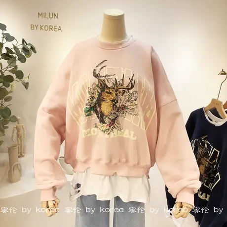 假两件套装加绒卫衣女秋冬韩国东大门荷叶边甜美上衣外套宽松保暖商品大图