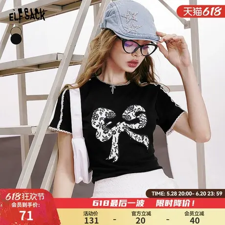 妖精的口袋蝴蝶结印花蕾丝拼接正肩短袖t恤女24夏新针织透气上衣商品大图