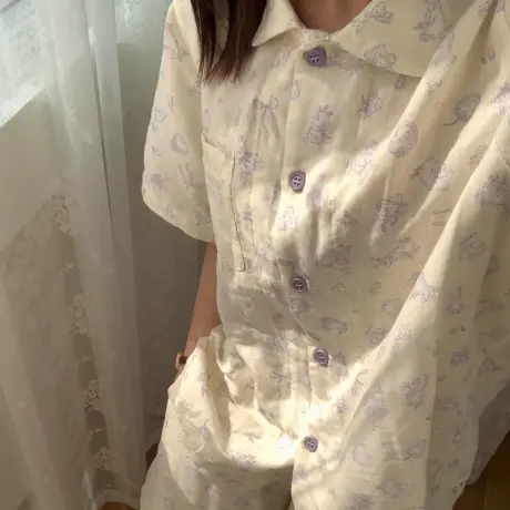 新品!!A类纯棉双层纱布可爱卡通印花短袖短裤睡衣家居服可外穿商品大图