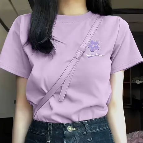 KWV真维斯紫色短袖t恤女纯棉2025新款夏季小个子宽松正肩圆领上衣商品大图