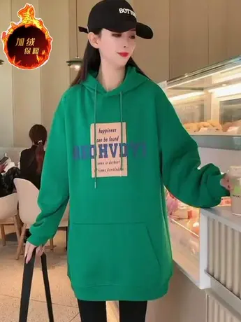 慵懒风中长款连帽加绒加厚卫衣女2023新款大码胖mm外套上衣潮ins商品大图