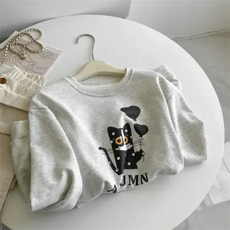 气球猫咪印花毛圈棉长袖圆领卫衣女韩版秋季宽松休闲学院风上衣女商品大图