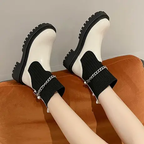 针织袜靴女2023秋季新款链条中筒弹力靴女粗跟厚底瘦瘦短靴ins潮图片