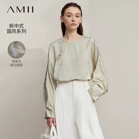 Amii2025秋新款新中式国风鸢尾花提花缎面衬衫女斜襟串珠挂饰上衣图片