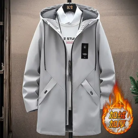 外套男中长款风衣男秋冬季潮流连帽宽松休闲大衣加绒加厚男士夹克商品大图