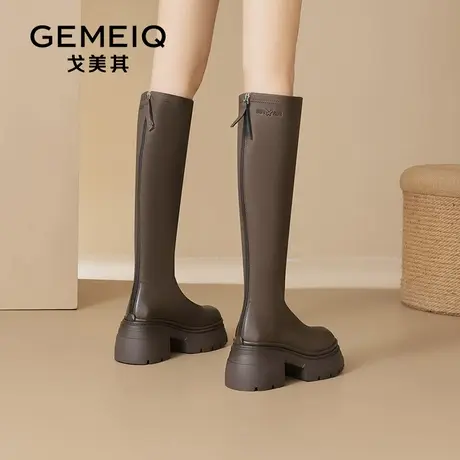 戈美其厚底小个子高跟长筒靴女2024新款秋冬不过膝增高棕色骑士靴商品大图