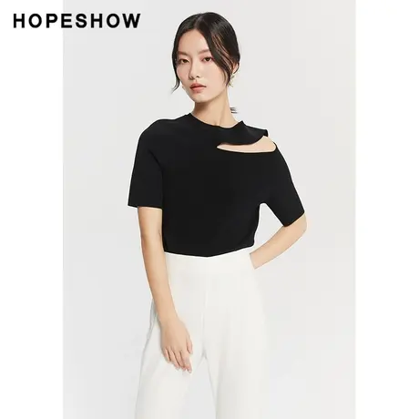 红袖outlets不规则镂空圆领短袖hopeshow2023夏新款薄款针织衫女商品大图