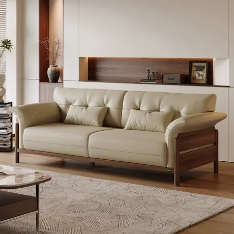 顾家家居实木胡桃木实木沙发小户型现代极简家用客厅真皮直排沙发商品大图