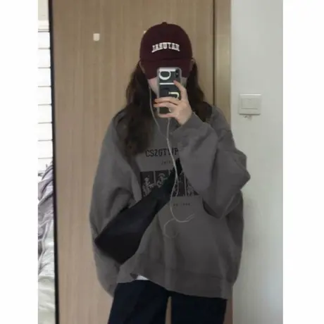 慵懒风卫衣女款秋冬季新款爆款2025圆领深灰色高级感宽松上衣服潮商品大图