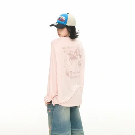 物理防晒凉感印花罩衫女春秋新款宽松轻薄微透松弛慵懒感长袖T恤商品大图