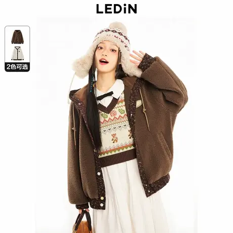 【反季清仓】乐町秋冬毛织拼接棉服美式潮连帽外套女C2AED4414图片
