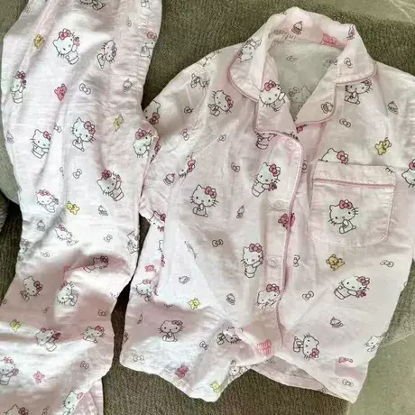 上新~A类纯棉双层纱布粉Kitty包边西装领短袖长裤睡衣家居服套装商品大图