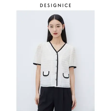 迪赛尼斯2023夏季新款白色衬衣撞色肌理感宽松短袖雪纺衬衫女士图片