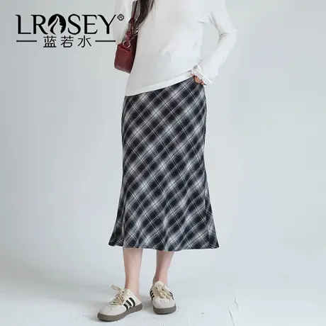 蓝若水大码女装高腰复古格子鱼尾裙2025秋装新款百搭显瘦半身裙YL图片