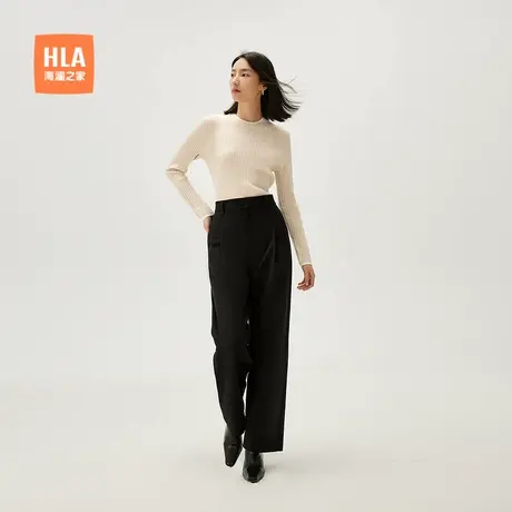 HLA/海澜之家高腰宽松直筒微弹休闲裤秋新款显瘦通勤黑色裤子女装商品大图
