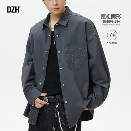 男士辑明线工装衬衫男长袖秋季潮牌2025新款衬衣外套宽松百搭上衣商品大图