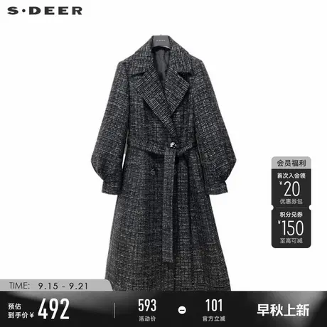 sdeer圣迪奥冬季女装西装领格纹收腰灯笼袖长款羽绒服S234Z2404商品大图