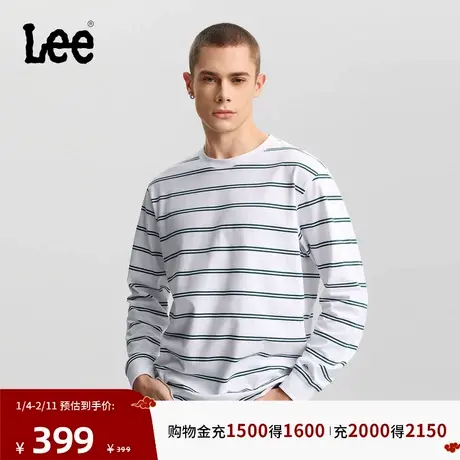 Lee商场同款26春夏新品舒适版圆领条纹设计白色男长袖T恤休闲潮图片