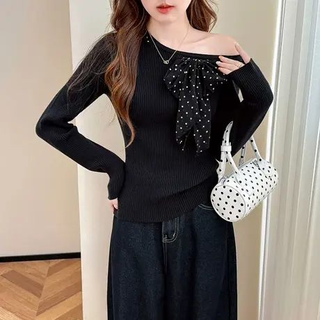 唐狮秋冬毛衣女高级感显瘦波点蝴蝶结设计套头露肩针织衫春秋tu商品大图