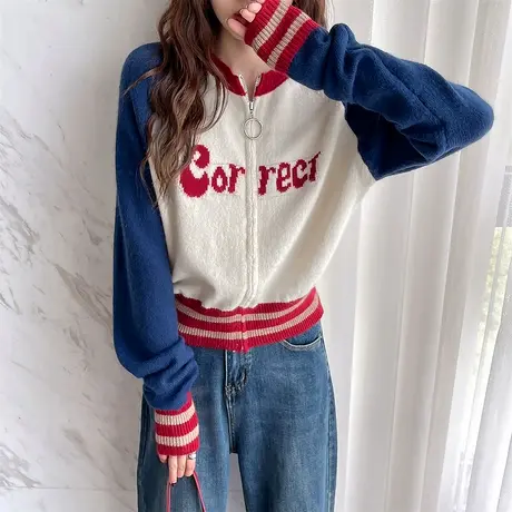 唐狮秋冬季女毛衣休闲风字母设计圆领拉链开衫时尚流行毛线衫tu商品大图